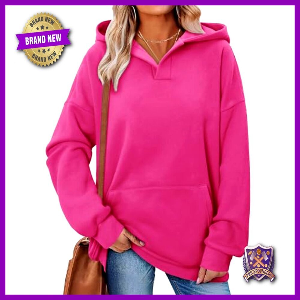 Oversized Fleece Hoodie with Kangaroo Pocket, Drop Shoulder, V-Neck - Picture 2 of 7